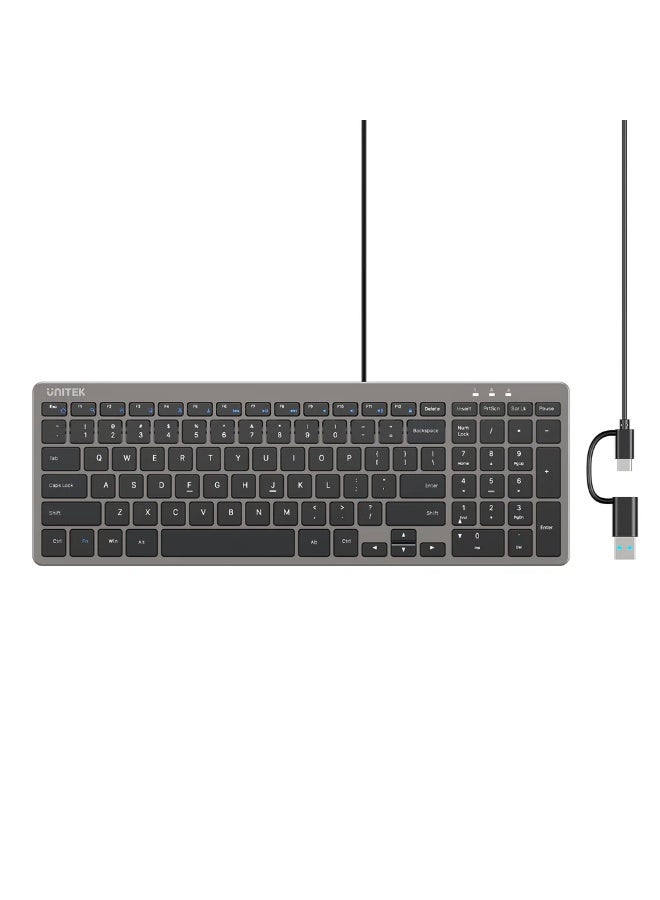 يوني تيك SlimTap Ultra Light 99-Key Wired Keyboard – Silent Scissor Keys, USB-C/A, Ergonomic Top-Raising Design (English/Arabic) - Image 3